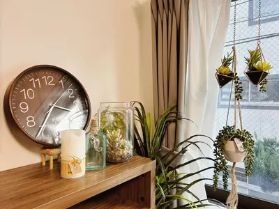 a clock sitting on a wooden shelf with plants at Tokyo Private villa/near station/Ginza/Asakusa/Sky Tree/Louis House in Tokyo