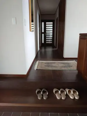 two pairs of shoes on the floor in a hallway at \u773a\u3081\u306e\u3044\u3044\u4e00\u8ed2\u5bb6 in Tokyo