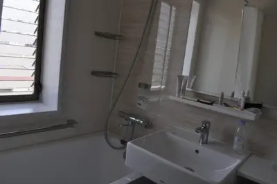 a bathroom with a shower and a sink and a mirror at \u773a\u3081\u306e\u3044\u3044\u4e00\u8ed2\u5bb6 in Tokyo