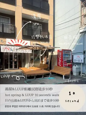 a sign for a restaurant with two benches in front of a building at Ueno Luxury 161m2 Villa 6BR 3Bath 4Toilet 3m to Train Skytree View in Tokyo