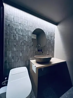 a bathroom with a sink and a toilet and a mirror at HOTEL KANMA UENO in Tokyo