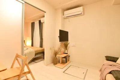 a living room with a couch and a television in a room at FL Residence Shinjuku II in Tokyo