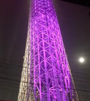 a purple tower is lit up in purple at Sky Tree INN (\u6674\u6a39\u5bbf\uff09stay ASAKUSA in Tokyo
