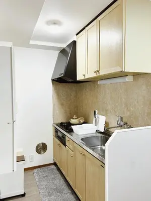 a kitchen with wooden cabinets and a sink at Tokyo Louis House in Ueno area close to JR Yamanote Line & Metro Ginza Line walk to Ueno Park and Ameyoko in Tokyo