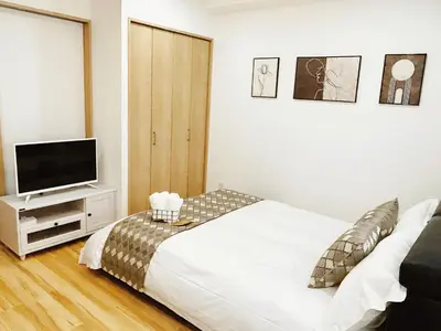 a bedroom with a bed and a flat screen tv at Tokyo Louis House in Ueno area close to JR Yamanote Line & Metro Ginza Line walk to Ueno Park and Ameyoko in Tokyo