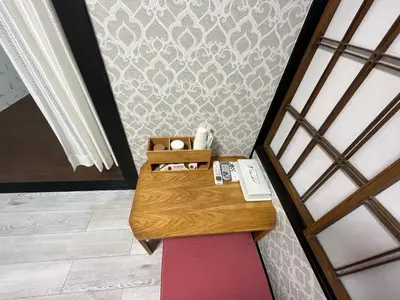 an overhead view of a room with a table at Lucky Hotel in Tokyo