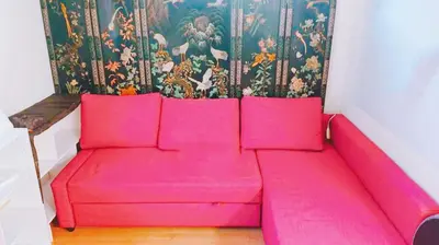 a pink couch in a room with a curtain at JINGHOUSE高砂（無料駐車場）一戸建て 上野/浅草/银座/天空树 in Tokyo