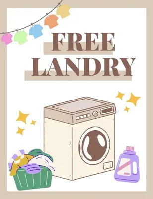 a banner with a washing machine and a basket of clothes at Meguro Apartment in Tokyo