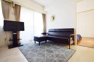 a living room with a couch and a flat screen tv at Hostel Inn Tokyo Ryogoku in Tokyo