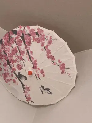 a white umbrella with pink flowers on it at \u7f8e\u30cf\u30a6\u30b9 Beauty House in Tokyo
