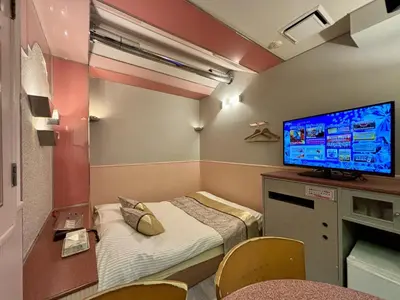 a small room with a bed and a flat screen tv at Hotel Crystal -\u5927\u4eba\u5c02\u7528-- in Tokyo