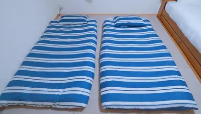 two beds in a bedroom with blue and white stripes at \u6771\u8cc0\u65c5\u9928 in Tokyo
