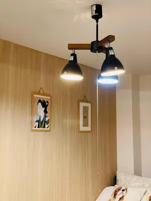 a bedroom with two lights hanging from the ceiling at Sky house\u6674\u7a7a\u58543 in Tokyo