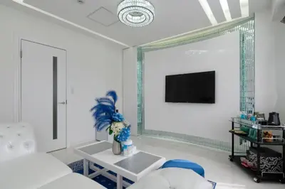 a living room with a couch and a tv on a wall at Reimi Mondo301 in Tokyo