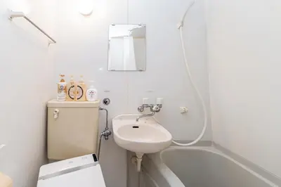 a white bathroom with a sink and a shower at E JOY INN-East Nipoori Branch in Tokyo