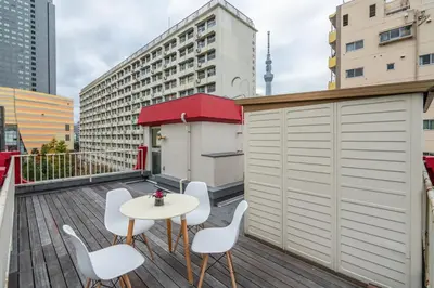 a balcony with a table and chairs on a building at KYARA Hotel \u767d\u9ce5 in Tokyo