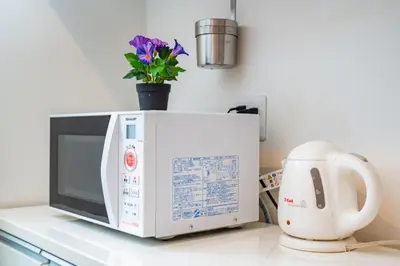 a microwave on a counter with a flower on top at KYARA Hotel \u6d45\u8349 in Tokyo