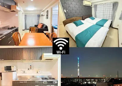 a hotel room with a bed and a kitchen and a bathroom at F501 Shinkoiwa Sta 5min Free Wi-Fi Max 5 people in Tokyo