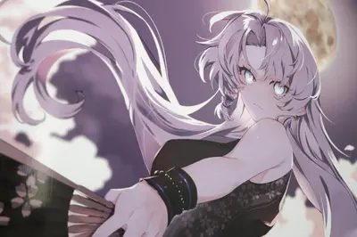 an anime girl with white hair and a moon in the background at IKEBUKURO MANGA HOUSE in Tokyo