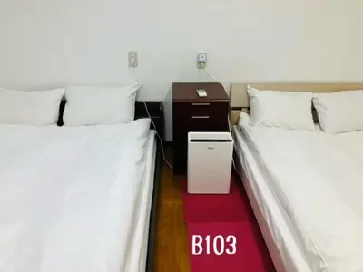 two twin beds in a room with a red rug at \u51a0\u4eac\u30db\u30c6\u30eb in Tokyo