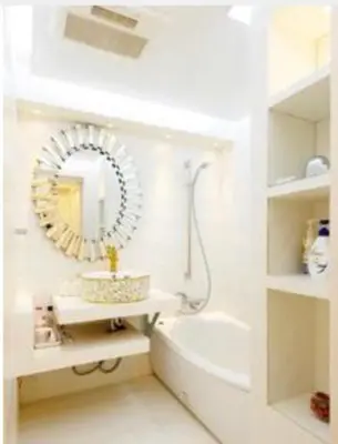 a white bathroom with a sink and a mirror at Reimi Mondo401-8720 in Tokyo