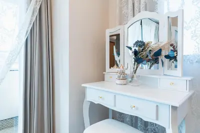 a white dressing table with a mirror on it at HARMONIA\u6771\u4eac\u5800\u5207403 in Tokyo