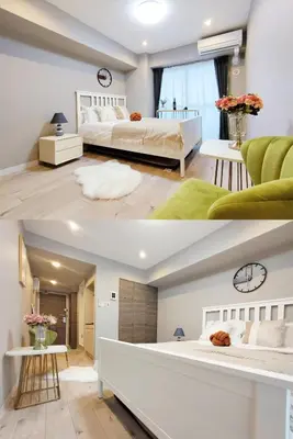 two images of a bedroom with a bed and a living room at S22\u65b0\u5bbf\u6700\u4e2d\u5fc3 \u6771\u65b0\u5bbf\u7ad95\u5206-Shinjuku center 5 mins to Station, Max 3P \u76f4\u8fbe\u76f4\u8fbe\u65b0\u5bbf \u6d89\u8c37 \u8868\u53c2\u9053 \u6c60\u888b \u4e0a\u91ce \u4ee3\u4ee3\u6728 \u94f6\u5ea7 \u539f\u5bbf in Tokyo