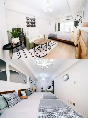 a bedroom with two beds and a living room at D91\u65b0\u5bbf\u6700\u4e2d\u5fc3 \u6771\u65b0\u5bbf\u7ad95\u5206-Shinjuku center 5 mins to Station, Max 4P \u76f4\u8fbe\u65b0\u5bbf \u6d89\u8c37 \u8868\u53c2\u9053 \u6c60\u888b \u4e0a\u91ce \u4ee3\u4ee3\u6728 \u94f6\u5ea7 \u539f\u5bbf in Tokyo