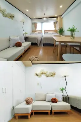two pictures of a living room with two beds at S41\u6d89\u8c37\u6700\u4e2d\u5fc3 \u6d89\u8c37\u7ad97\u5206-Shibuya center 7 mins to Station, Max 5P \u76f4\u8fbe\u65b0\u5bbf \u6d89\u8c37 \u8868\u53c2\u9053 \u6c60\u888b \u4e0a\u91ce \u4ee3\u4ee3\u6728 \u94f6\u5ea7 \u539f\u5bbf in Tokyo