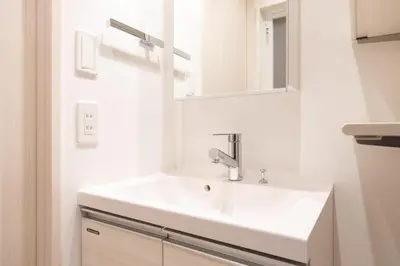 a bathroom with a white sink and a mirror at Noble Park KINSHICHO in Tokyo