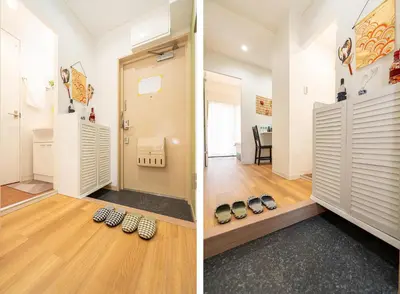two photos of a room with a door and some shoes at KYARA Hotel\u30df\u30b9\u30df301 in Tokyo