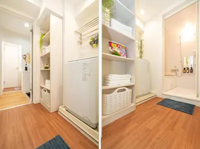 two pictures of a walk in closet at KYARA Hotel\u30df\u30b9\u30df301 in Tokyo