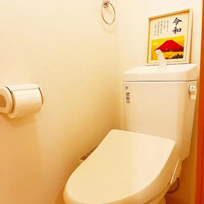 a bathroom with a toilet with a picture on the wall at LuckyHouse\u6d45\u8349 \u6210\u7530\u7fbd\u7530\u76f4\u884c in Tokyo