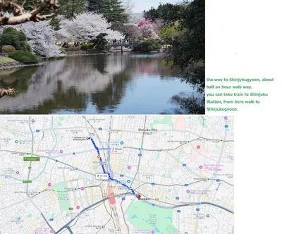 a map of a park and a map of a river at 大久保駅から４分、貸切、韓国ダウン至近、新宿/歌舞伎町に徒歩圏内 、단독사용민박 in Tokyo