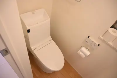 a white toilet in a bathroom with a roll of toilet paper at Mi-Villa Pure Gray in Tokyo