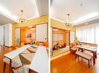 two pictures of a living room and a dining room at KYARA Hotel\u30df\u30b9\u30df501 in Tokyo