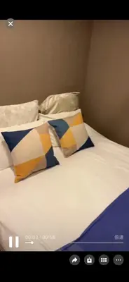 a bed with two pillows on top of it at Sky \u6674\u7a7a\u5854 \u72ec\u7acb\u53cc\u4eba\u95f4 \u4f46\u662f\u5171\u7528\u6d74\u5ba4\u5395\u6240 in Tokyo