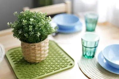 a table with a green tray with a potted plant on it at QU102 Edogawa Japanese Style Apartment 102 has direct access to Akihabara and Shinjuku, with convenient transportation and free WiFi in Tokyo