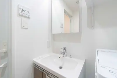 a white bathroom with a sink and a mirror at \u30d7\u30ec\u30fc\u30eb\u30c9\u30a5\u30fc\u30af\u5927\u68ee\u753a ll in Tokyo