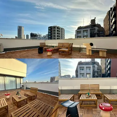 a collage of photos of a rooftop with a table and benches at LoveTokyo Maisonette Terrace in Tokyo