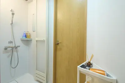 a bathroom with a shower and a wooden door at Aurora 3 in Tokyo
