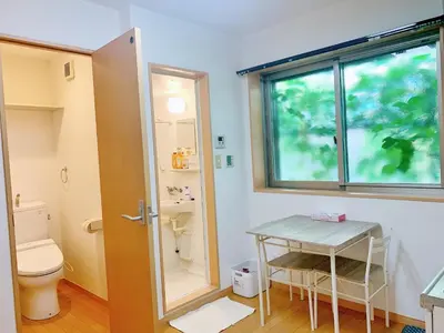 a bathroom with a toilet and a sink and a window at takadababa 4 mins walk/新宿圈! 高速无限制网路/车站步行4分钟新装修公寓102 in Tokyo