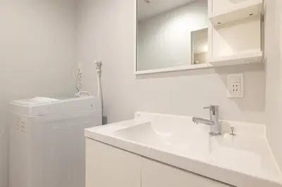 a white bathroom with a sink and a washing machine at SOLASIA residence \u5317\u4e0a\u91ce in Tokyo