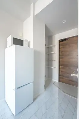 a kitchen with a white refrigerator and a wooden door at SOLASIA residence \u5317\u4e0a\u91ce in Tokyo