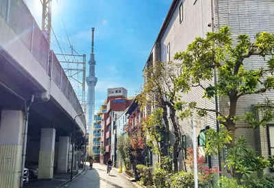 a city street with buildings and a tower in the background at Family Stay Tokyo Hikifune in Tokyo