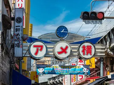 a street filled with lots of signs and a traffic light at APA Hotel Ueno Okachimachi Ekimae Minami in Tokyo
