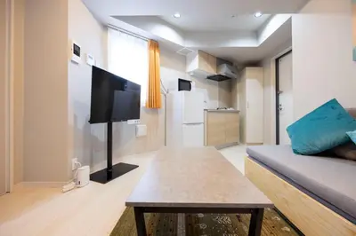 a living room with a couch and a tv in it at Mat Hikifune in Tokyo