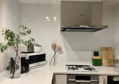 a white kitchen with a stove and a microwave at Tanuki Shinjuku in Tokyo