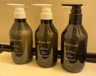 a group of three bottles of hair products on a counter at \u62b9\u8336\u5eb5\u4e16\u7530\u8c37\u6771\u4eac Matcha-An Setagaya Tokyo in Tokyo