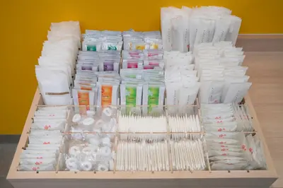 a box filled with lots of different types of toiletries at Hop Inn Tokyo Ueno in Tokyo